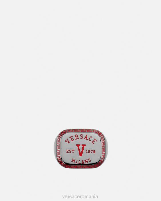 metalic si rosu inel cu logo al universității Versace bărbați accesorii 40L61698
