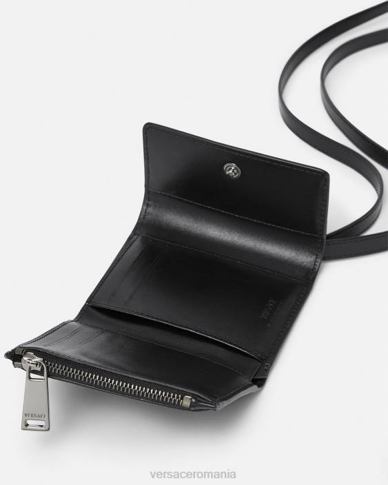 negru si gri portofel trifold cu semnătură la greca Versace bărbați accesorii 40L61653