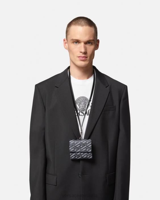 negru si gri portofel trifold cu semnătură la greca Versace bărbați accesorii 40L61653
