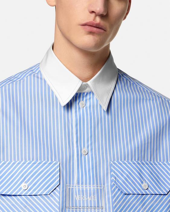 albastru deschis cămașă cu logo în dungi Versace bărbați îmbrăcăminte 40L61295