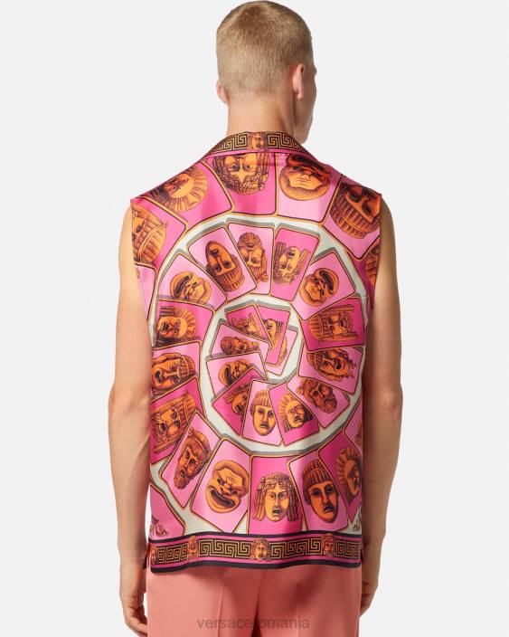 roz și imprimeu cămașă de mătase fără mâneci le maschere Versace bărbați îmbrăcăminte 40L61304