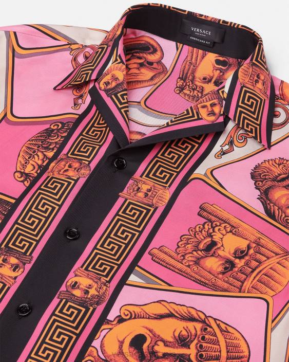 roz și imprimeu cămașă de mătase le maschere Versace bărbați îmbrăcăminte 40L61307