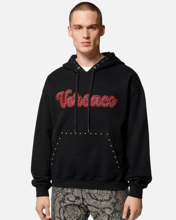 negru hanorac cu logo-ul varsity cu împânzire Versace bărbați îmbrăcăminte 40L61425