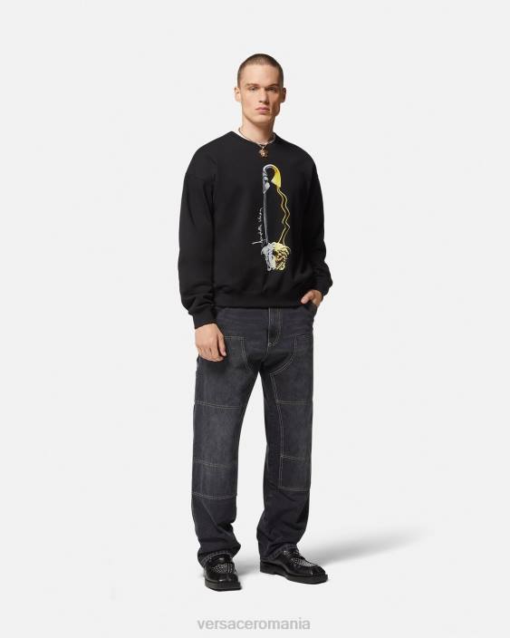 negru hanorac grafic cu ac de siguranță Versace bărbați îmbrăcăminte 40L61420