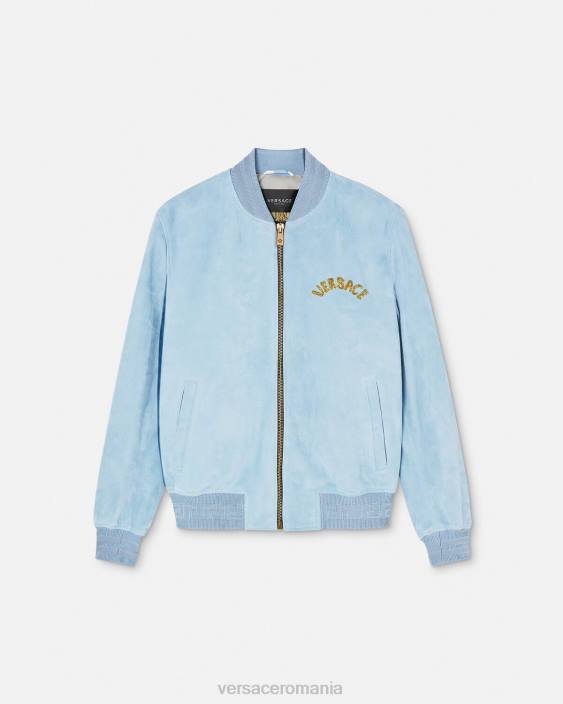 albastru deschis geaca din piele intoarsa cu logo baroc seashell Versace bărbați îmbrăcăminte 40L61223