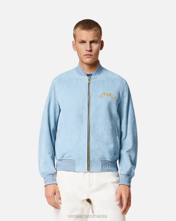 albastru deschis geaca din piele intoarsa cu logo baroc seashell Versace bărbați îmbrăcăminte 40L61223