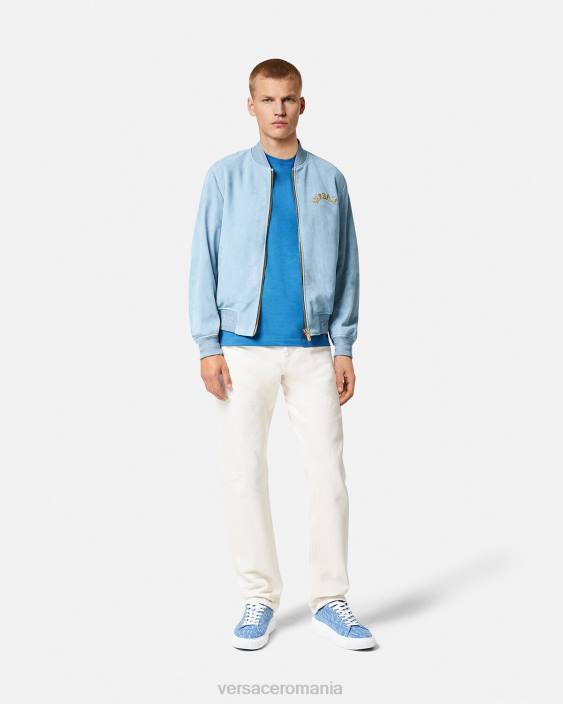 albastru deschis geaca din piele intoarsa cu logo baroc seashell Versace bărbați îmbrăcăminte 40L61223
