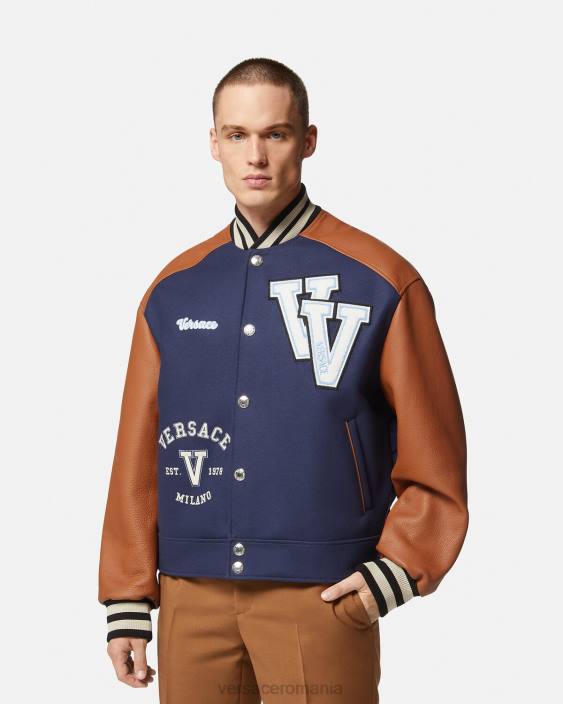 albastru si maro jachetă bomber cu logo-ul varsity Versace bărbați îmbrăcăminte 40L61257