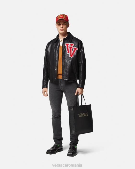negru geaca de piele de varsity Versace bărbați îmbrăcăminte 40L61258
