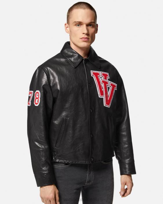 negru geaca de piele de varsity Versace bărbați îmbrăcăminte 40L61258