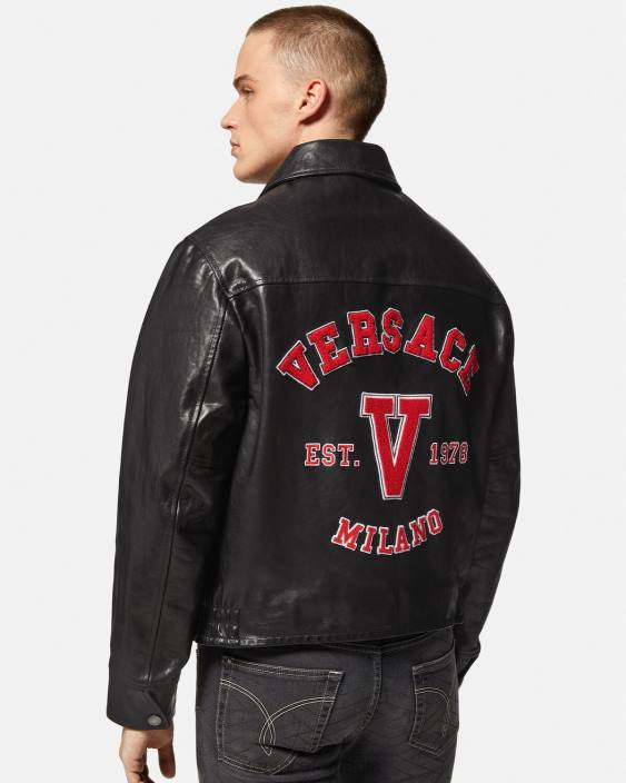negru geaca de piele de varsity Versace bărbați îmbrăcăminte 40L61258