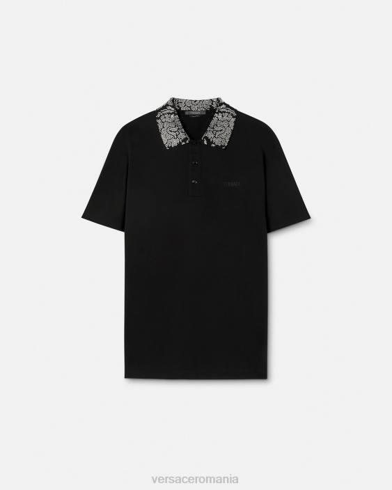 negru tricou polo cu mâneci scurte cu împânzire Versace bărbați îmbrăcăminte 40L61391