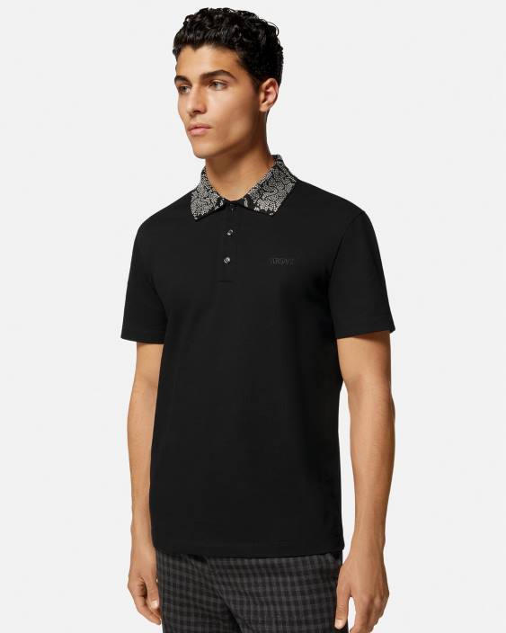 negru tricou polo cu mâneci scurte cu împânzire Versace bărbați îmbrăcăminte 40L61391