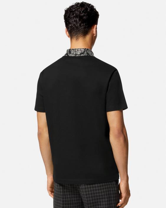 negru tricou polo cu mâneci scurte cu împânzire Versace bărbați îmbrăcăminte 40L61391