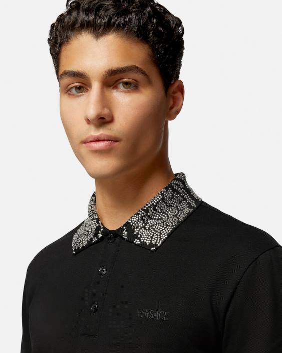 negru tricou polo cu mâneci scurte cu împânzire Versace bărbați îmbrăcăminte 40L61391