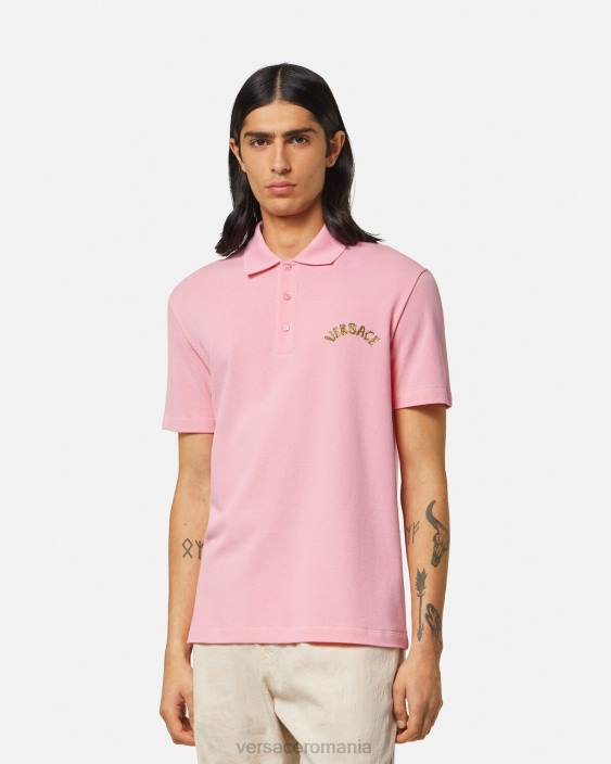 roz tricou polo cu logo baroc seashell Versace bărbați îmbrăcăminte 40L61365