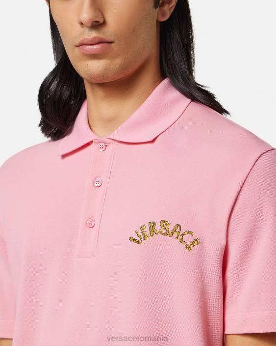 roz tricou polo cu logo baroc seashell Versace bărbați îmbrăcăminte 40L61365