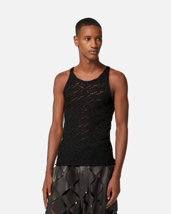 negru maiou din tricot din dantela la greca Versace bărbați îmbrăcăminte 40L61340