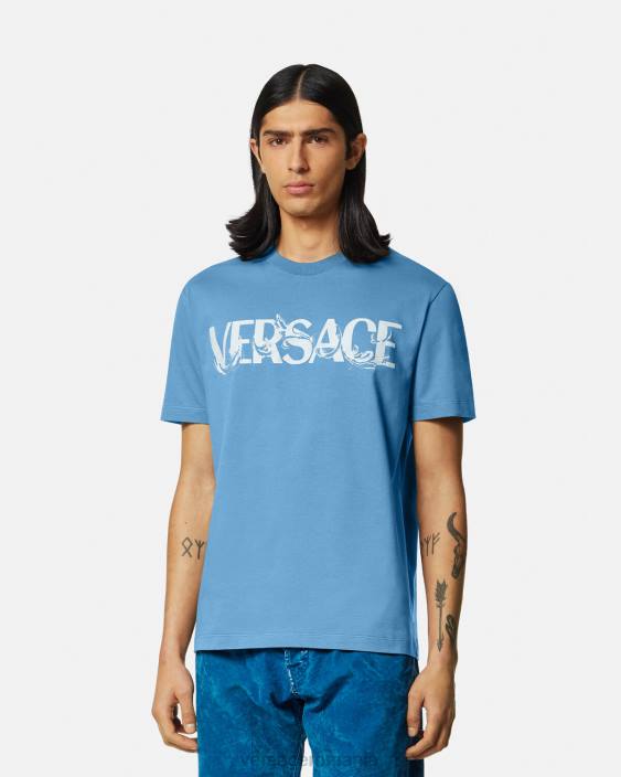 albastru deschis tricou cu logo silueta barocco Versace bărbați îmbrăcăminte 40L61367