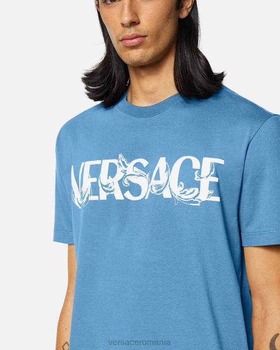albastru deschis tricou cu logo silueta barocco Versace bărbați îmbrăcăminte 40L61367