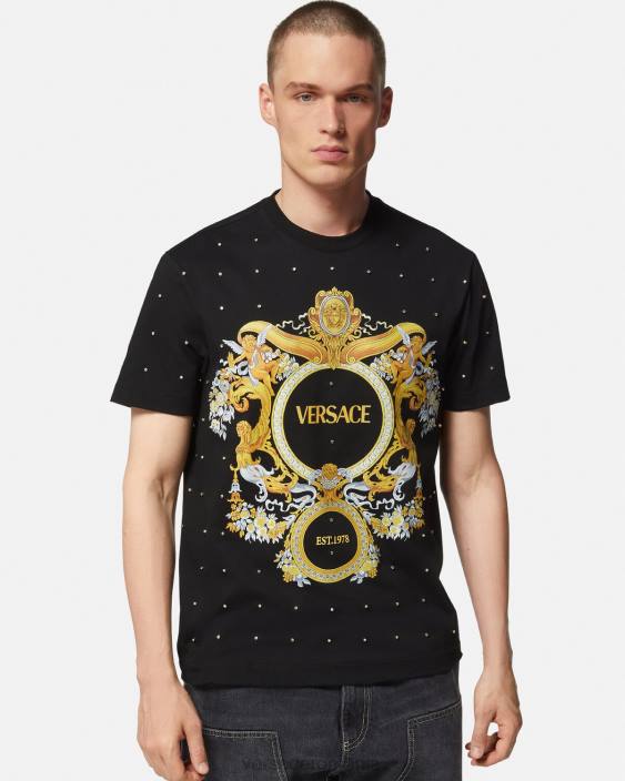 negru tricou cu grilă de cristal baroc Versace bărbați îmbrăcăminte 40L61402