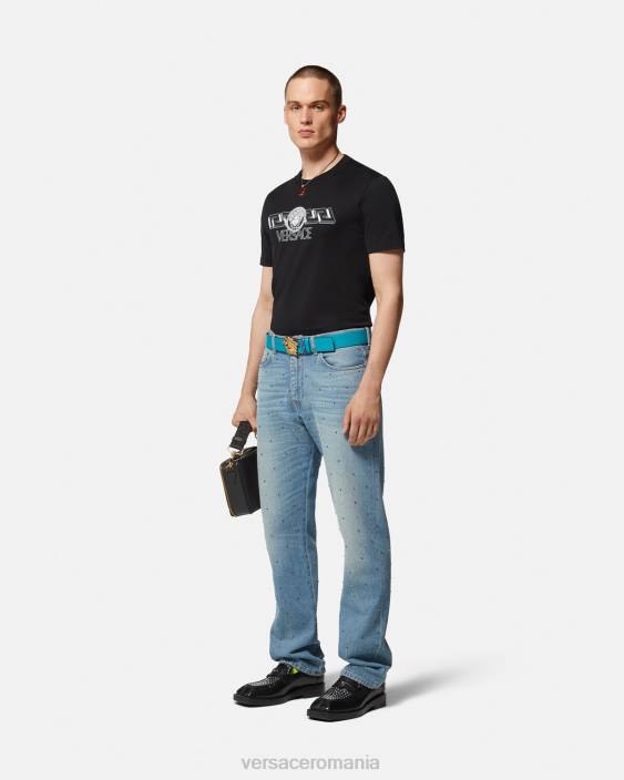 negru tricou cu logo la greca Versace bărbați îmbrăcăminte 40L61409