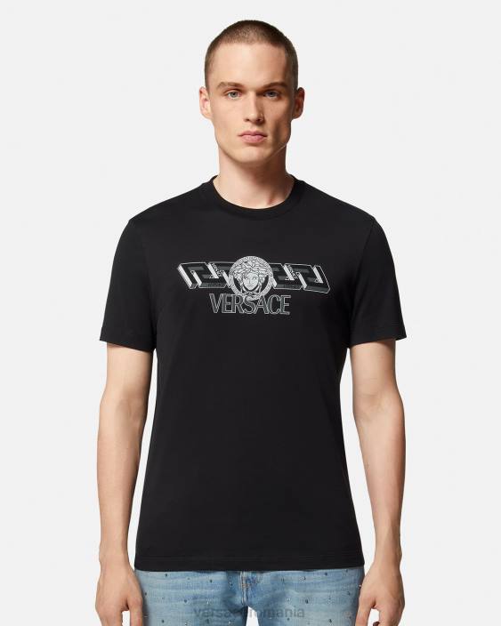 negru tricou cu logo la greca Versace bărbați îmbrăcăminte 40L61409
