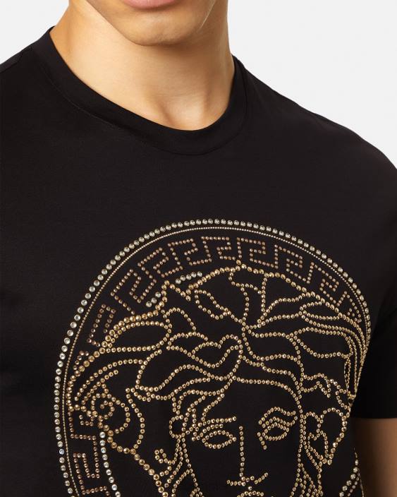 negru tricou cu logo medusa impodobit Versace bărbați îmbrăcăminte 40L61377