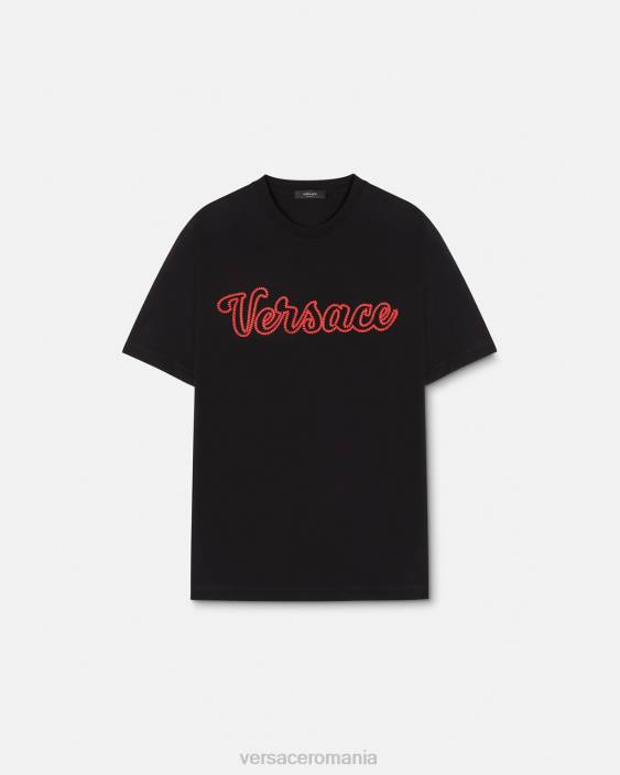 negru tricou cu logo-ul varsity brodat Versace bărbați îmbrăcăminte 40L61404