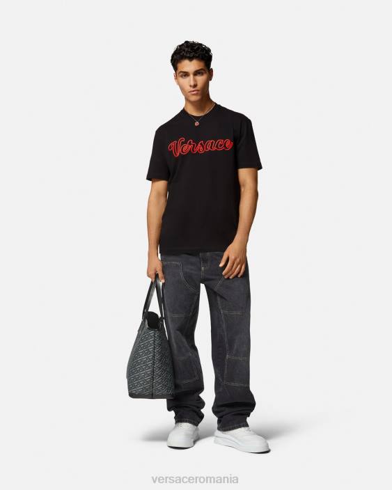 negru tricou cu logo-ul varsity brodat Versace bărbați îmbrăcăminte 40L61404