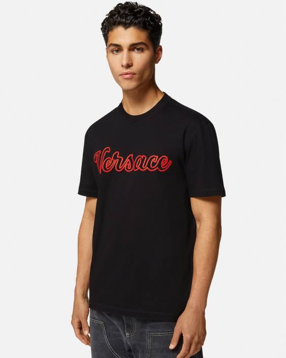 negru tricou cu logo-ul varsity brodat Versace bărbați îmbrăcăminte 40L61404