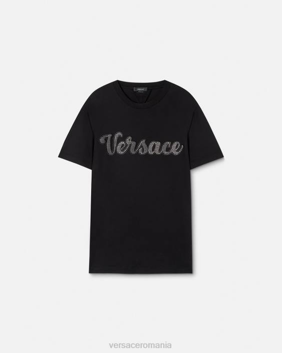 negru tricou cu logo-ul varsity cu cristal Versace bărbați îmbrăcăminte 40L61406