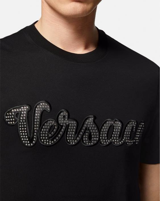 negru tricou cu logo-ul varsity cu cristal Versace bărbați îmbrăcăminte 40L61406