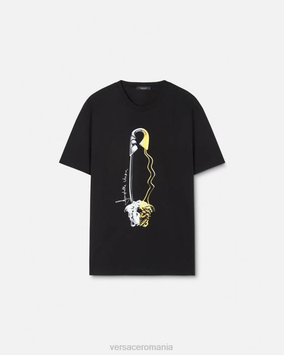 negru tricou grafic cu ac de siguranță Versace bărbați îmbrăcăminte 40L61400