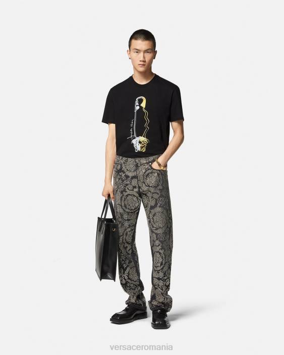 negru tricou grafic cu ac de siguranță Versace bărbați îmbrăcăminte 40L61400