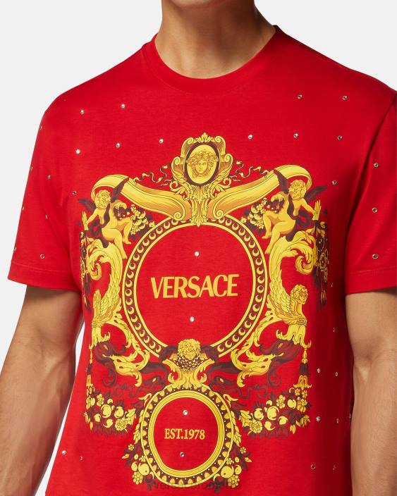 roșu tricou cu grilă de cristal baroc Versace bărbați îmbrăcăminte 40L61401