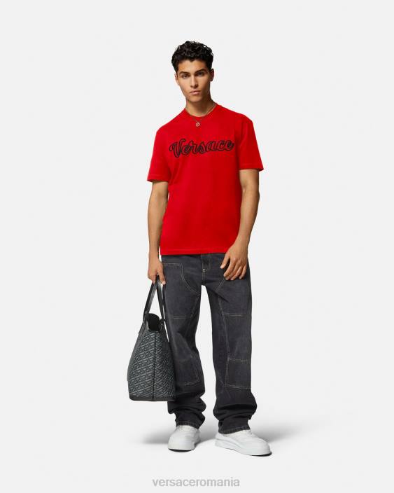 roșu tricou cu logo-ul varsity brodat Versace bărbați îmbrăcăminte 40L61405