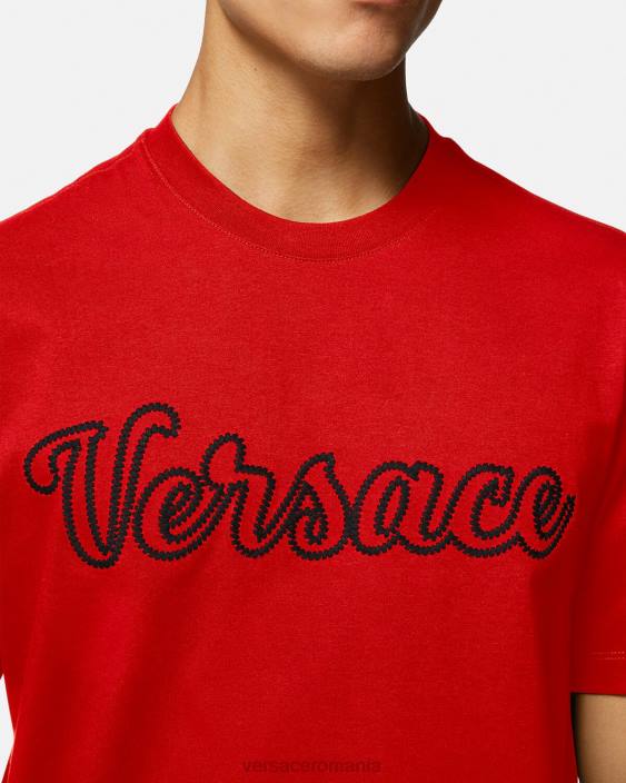roșu tricou cu logo-ul varsity brodat Versace bărbați îmbrăcăminte 40L61405