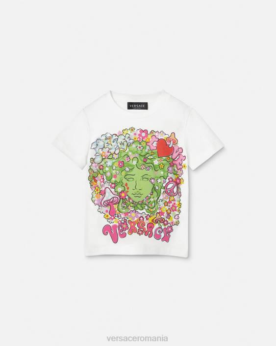 alb și imprimat tricou cu medusa „peace & love”. Versace copii îmbrăcăminte 40L62002