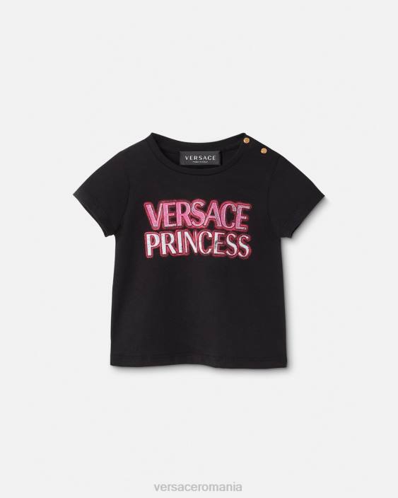 negru tricou pentru bebeluși cu logo „prințesă”. Versace copii îmbrăcăminte 40L61867