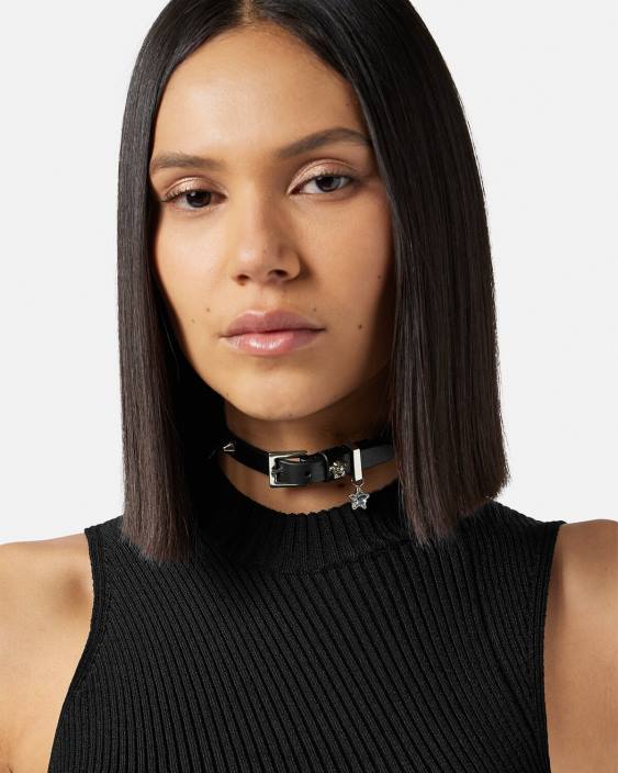 negru choker din piele cu împânzire Versace femei accesorii 40L6840