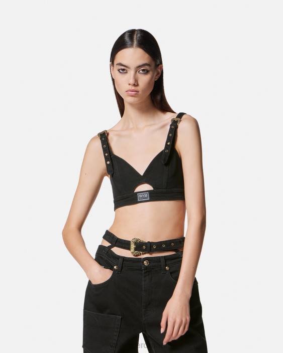 negru crop top din denim cu cataramă barocă Versace femei îmbrăcăminte 40L62145