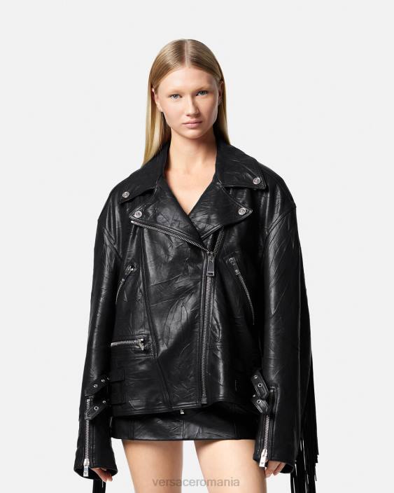 negru geacă de piele cu franjuri Versace femei îmbrăcăminte 40L6101