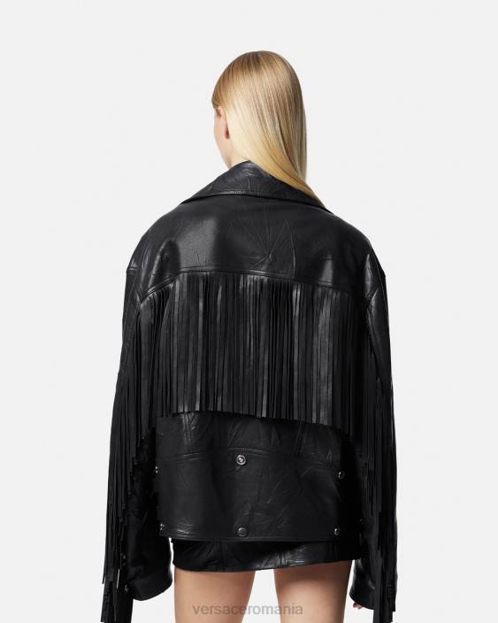 negru geacă de piele cu franjuri Versace femei îmbrăcăminte 40L6101