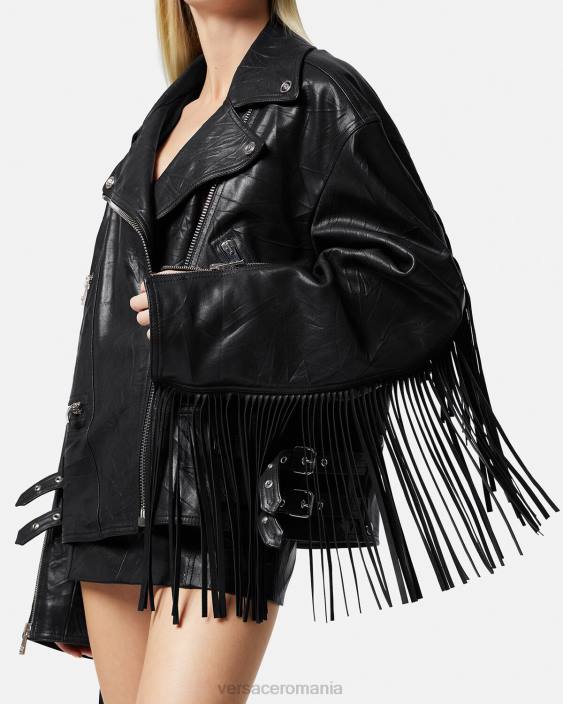 negru geacă de piele cu franjuri Versace femei îmbrăcăminte 40L6101