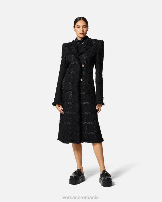 negru palton lung din tweed cu țepi Versace femei îmbrăcăminte 40L6102