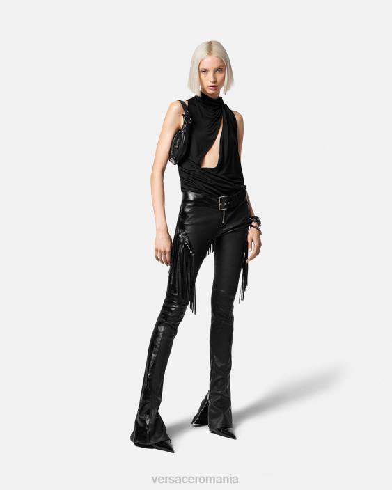 negru pantaloni de piele cu franjuri Versace femei îmbrăcăminte 40L6223