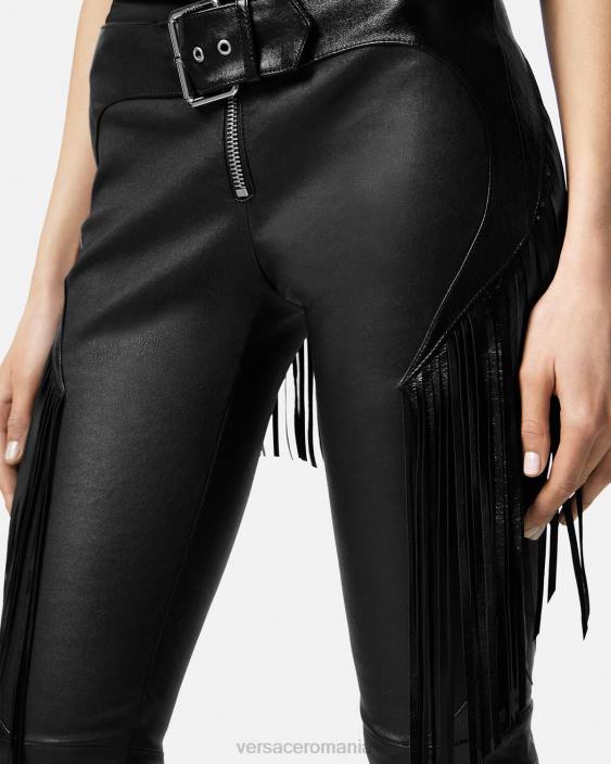 negru pantaloni de piele cu franjuri Versace femei îmbrăcăminte 40L6223