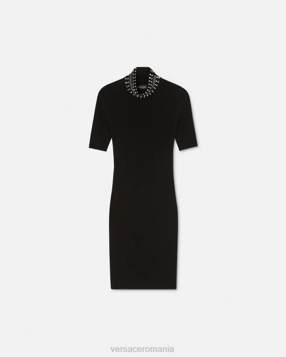 negru rochie midi din tricot cu guler cu vârfuri Versace femei îmbrăcăminte 40L671