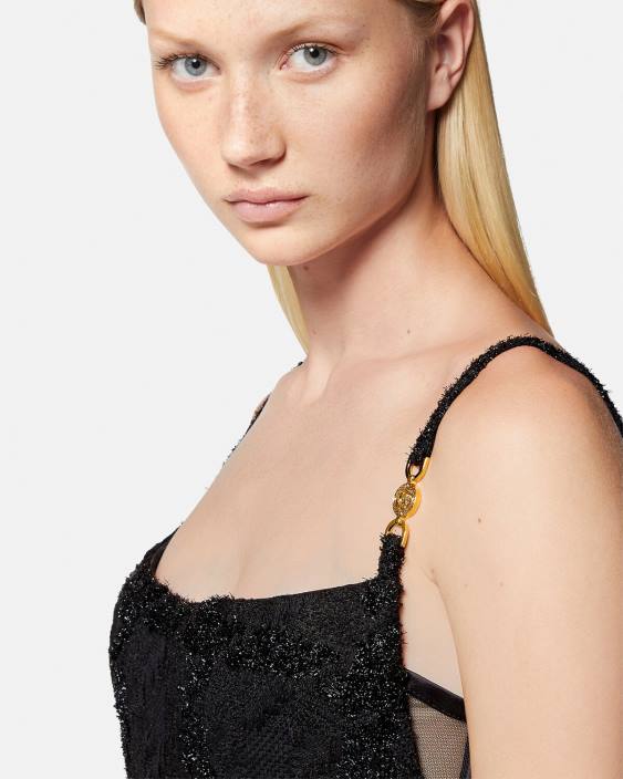 negru rochie mini din tweed cu vârfuri medusa Versace femei îmbrăcăminte 40L677